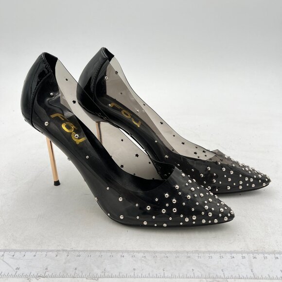 FSJ Black Studded Pointed Toe Transparent Pumps High Heels Shoes - Picture 4 of 8
